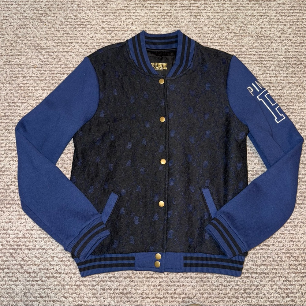 PINK Victoria's Secret Blue and Black Lace Varsity Letterman Jacket NWT XS & S